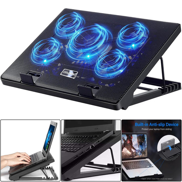 Laptop Cooling Pad 3/5 Fans Adjustable Stand USB Quiet Cooler with LED for 12–17 Inch Notebook