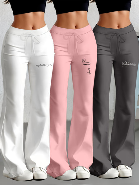 European and American Spring/Summer New Fashion Women's Bottoms: Flared Straight-Leg Pants with Classic English Text Print, Daily Casual Butt-Lifting Peach Butt Long Pants, Three-Piece Set