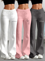 European and American Spring/Summer New Fashion Women's Bottoms: Flared Straight-Leg Pants with Classic English Text Print, Daily Casual Butt-Lifting Peach Butt Long Pants, Three-Piece Set