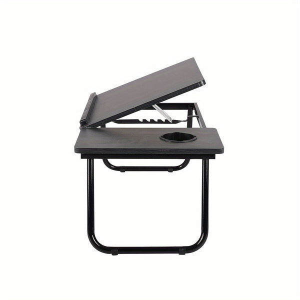 [Cozy Comfort] Versatile Folding Laptop Desk with Cup Holder - 5-Level Adjustable Tilt, Portable & Sturdy Wooden Frame, Ideal for Reading, Studying & Serving Breakfast in Bed - Available in Black, Walnut, Natural, Pink