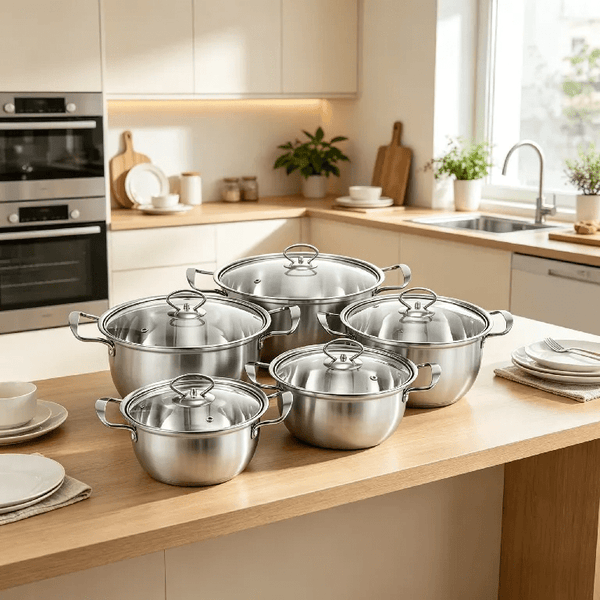 kitchen 5pcs Stainless Steel Pot Professional Induction-Safe Pot with Glass Lid Not-Sticky Hot Pot Double Ear Soup Pot