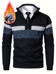 Men'S Thickened Knitted Pullover Sweater with a Color Block Design And Stand Collar, Made from Plus Velvet