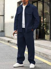Men'S Fall Workwear Buttoned Casual Cardigan for Daily Wear, Sports Collar Outerwear, Top Matched with Casual Trousers, Two-Piece Set