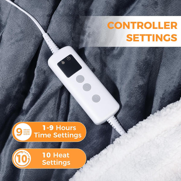 PROALLER Heated Blanket Electric Throw 160X130Cm, 10 Levels &1-9H Timer Auto-Off, Machine Washable, Soft Flannel Sherpa Full Body Warming, Sofa Bed Office Use, Heating Blanket -