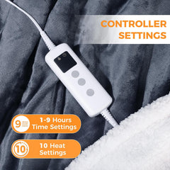 PROALLER Heated Blanket Electric Throw 160X130Cm, 10 Levels &1-9H Timer Auto-Off, Machine Washable, Soft Flannel Sherpa Full Body Warming, Sofa Bed Office Use, Heating Blanket -