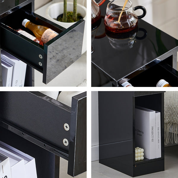 Slim Bedside Table, High Gloss Narrow Nightstand, Small Bedside Cabinet with Storage Space Saving for Bedroom Storage Unit, Living Room Small Sofa Side End Table