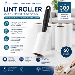 Lint Roller with 5 Refills - Pet Hair Remover for Dog & Cat Fur on Clothes, Sofas & Carpets, 300 Extra Sticky Sheets