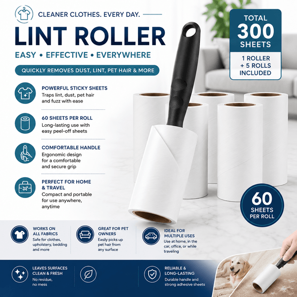 Lint Roller with 5 Refills - Pet Hair Remover for Dog & Cat Fur on Clothes, Sofas & Carpets, 300 Extra Sticky Sheets
