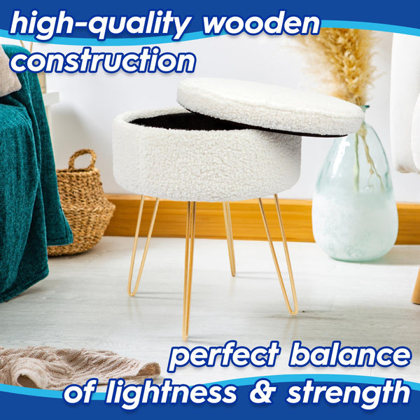 Round Boucle Storage Footstool - Cream H46 x D37cm Living Room Dressing Table Footstool Ottoman Pouffe Chair Seat