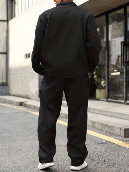 Men'S Fall Workwear Buttoned Casual Cardigan for Daily Wear, Sports Collar Outerwear, Top Matched with Casual Trousers, Two-Piece Set