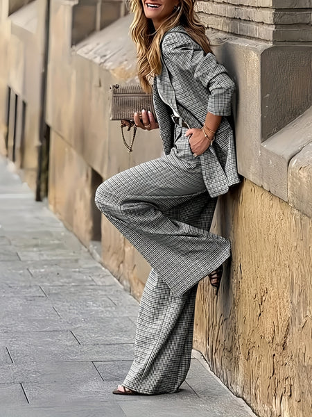 New Women'S Product: Lined Plaid Suit Jacket Top + Plaid Wide-Leg Pants Suit, Fashionable And Elegant for Commuting, Going Out, Professional Office, Street Style, Airport Daily Wear Suit Two-Piece Set, Suitable for Spring And Autumn Wear
