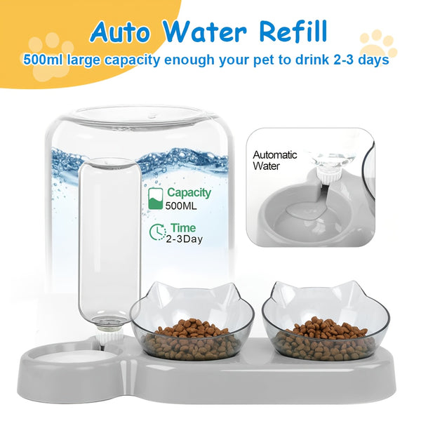 3-In-1 Pet Feeder, Pet Bowl, 40.01cm*9.3cm, Local Inventory Shipment, Triple Cat Bowl for Food And Water, Plastic Raised Cat Dish, Automatic Water Bottle, Food Bowl And Waterer Set, 15° Neck Guard, Dry And Wet Food Bowl Set for Cats