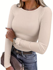 Circle Direction - 3pcs Spring/Autumn New Solid Color Round Neck Long Sleeve Loose Casual Women's T-Shirt, Machine Washable for Daily and Home Use