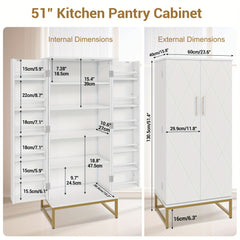 129.54cm Kitchen Cupboard Pantry with Doors And Adjustable Shelves, White Storage Cupboard, Freestanding Storage Cabinet for Kitchen, Living Room And Dining Room Kitchen Organizers And Storage
