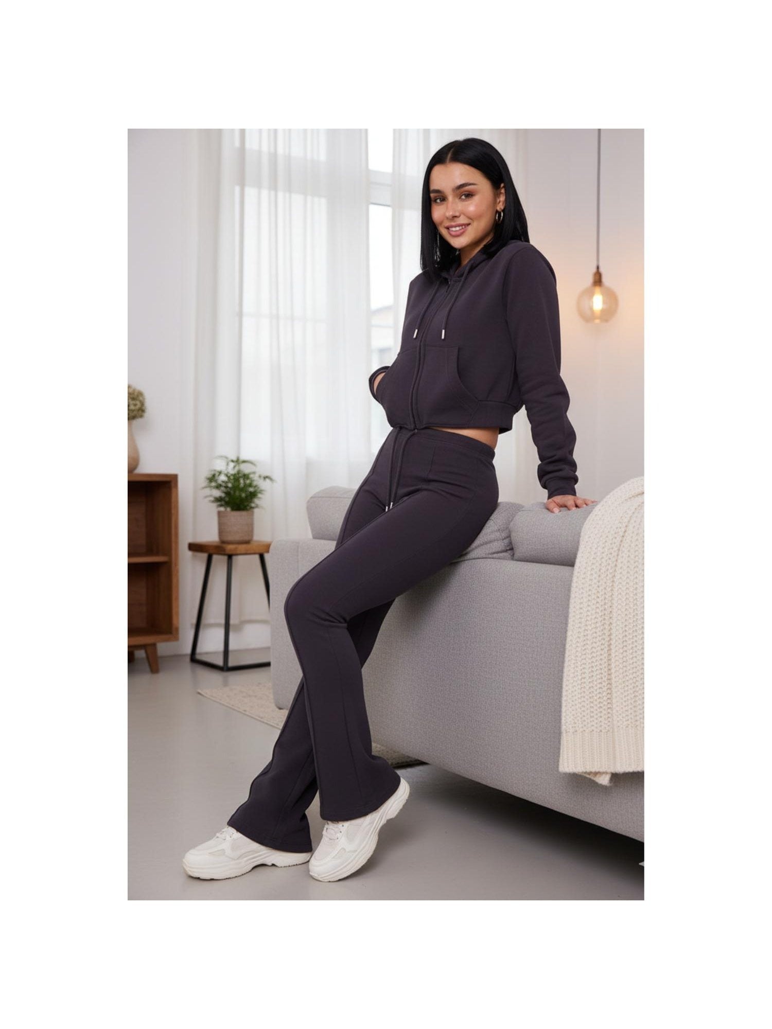 ZIPLORE Women'S Cropped Zip Hoodie and High-Waisted Bell Bottom Trousers Lounge Set for Casual, Athleisure & Streetwear - Suits, Womenswear Long Sleeve Minimalist Suits Womenswear Comfort Adjustable Clothing Drawstring Elegant Everyday Chic Loungewear Mat