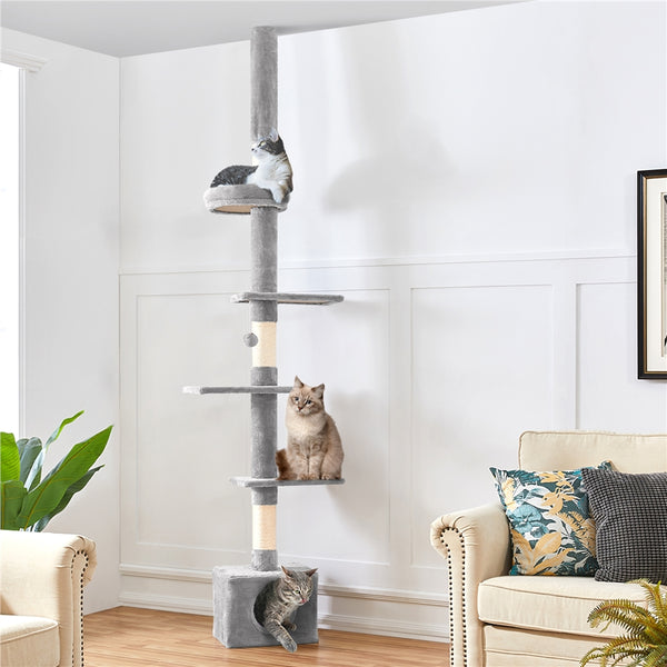 Costoffs Cat Tree, Floor-to-Ceiling Cat Tree Tower, 226-266cm Adjustable Large Height Cat Tree, Tall Cat Tree with 4 Perches and Scratching Posts For Small Medium-Sized Cats