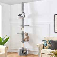 Costoffs Cat Tree, Floor-to-Ceiling Cat Tree Tower, 226-266cm Adjustable Large Height Cat Tree, Tall Cat Tree with 4 Perches and Scratching Posts For Small Medium-Sized Cats