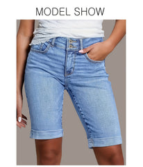 Women'S 2026 Summer New Stretchy High-Waisted Tummy Control Denim Shorts, Light Blue Washed with Pockets Slim-Fit Cuffed Casual Shorts, Comfortable Spring/Summer Ladies' Jeans Pants for Travel And Work - Boyfriend-Style Shorts