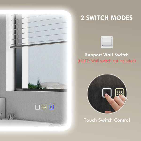 Backlit Illuminated Bathroom Mirror with LED Lights and Bluetooth, Wall Mounted Vanity Mirror with 3 Colours Dimmable, Anti-Fog, Memory Function, Touch Switch, IP44