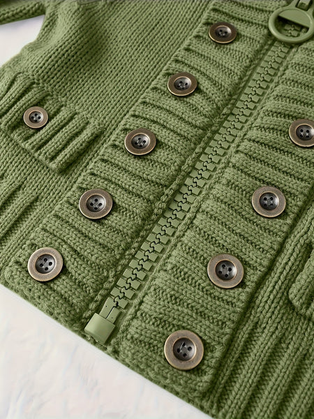 Christmas Women's Elegant Cardigan - Front Zipper & Multi Buttons, Stand-Up Collar Sweater, Structured Fit for Office, Party, Everyday - All-Season Chic Outerwear, Office Wear, Textured Knitwear, Ribbed Texture, Stylish Coverup, Working Professionals