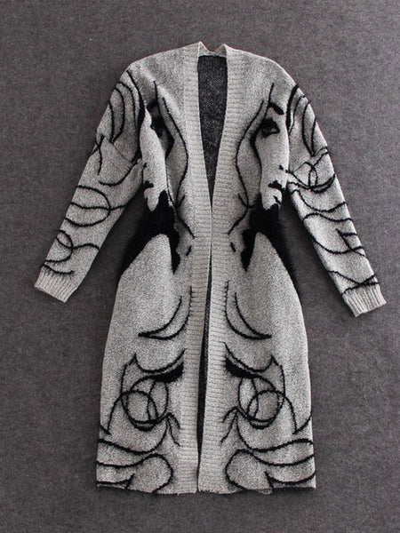 Women'S Abstract Batwing Sleeve Cardigan Sweater - High Neck & Contrast with Greyish- Tones, Mid-Length Casual Winter Fall Jacket, Cozy Character Pattern Design for Layering, Semi-Formal & Casual Attire, Cardigan Sweaters for Women