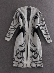Women'S Abstract Batwing Sleeve Cardigan Sweater - High Neck & Contrast with Greyish- Tones, Mid-Length Casual Winter Fall Jacket, Cozy Character Pattern Design for Layering, Semi-Formal & Casual Attire, Cardigan Sweaters for Women