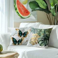 4pcs Green & Golden Leaf & Butterfly Print Cushion Covers