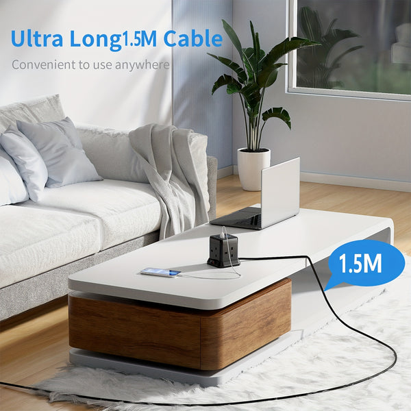 Cube Extension Lead with 3 USB Slots 13A 3250W Hulker 4 Gang Plug Extension Socket with Switch 4 Way Power Strip with 3 USB Port 1.5m Extension Cord Black for Home Dorm Office Travel