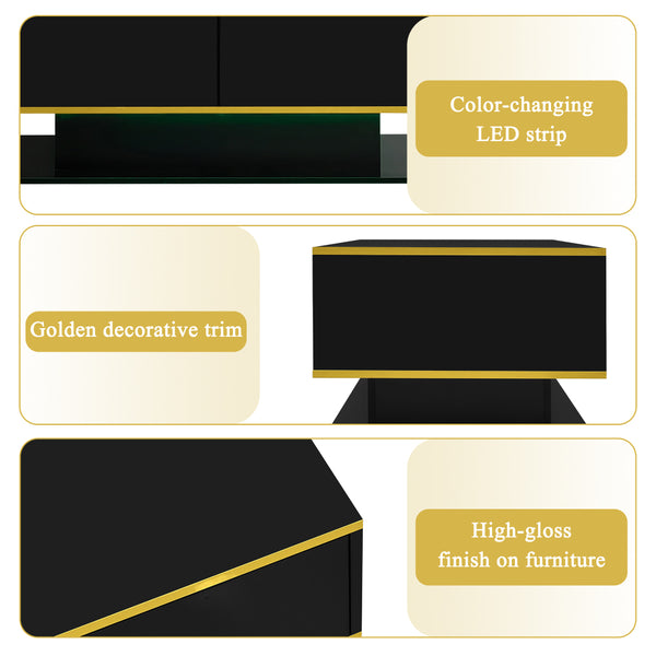 Modern LED coffee table, 100cm high gloss white coffee table, with 3 drawers and RGB light strips, adjustable color/brightness, gold edge, PB board material, suitable for living room, bedroom, lounge, studio - with a load-bearing capacity of 50kg and spac