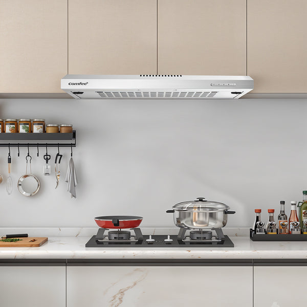 Midea COMFEE' 60 cm Visor Cooker Hood – Practical Home LED Under Cabinet Hood, Wall-Mounted Extractor Fan for 600 mm Kitchen Spaces, Top Vented Range Hood in Stainless Steel [Energy Class B]