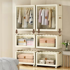 Modern Home Bedroom Armoires, Plastic Installation-Free Multipurpose Locker with Pulleys, Foldable Clothes Storage Cabinet for Living Room Bedroom or Cloakroom, Cream White