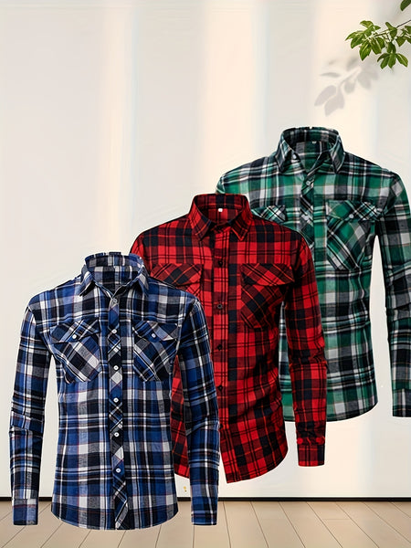 3 Men'S Plaid Shirt Top Lapel Long Sleeve Closure Men'S Casual Shirt Suitable for Men'S Daily Holiday Street Wear Casual Plaid Shirt Four Seasons Fashion Comfortable Fit Red, Blue And Black 3-Color Combination Pc Button Collar Chest Pocket