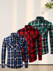 3 Men'S Plaid Shirt Top Lapel Long Sleeve Closure Men'S Casual Shirt Suitable for Men'S Daily Holiday Street Wear Casual Plaid Shirt Four Seasons Fashion Comfortable Fit Red, Blue And Black 3-Color Combination Pc Button Collar Chest Pocket