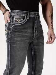 Men'S Elastic Washed Denim Jeans with Thick Line Embroidery on The Front And Back Pockets