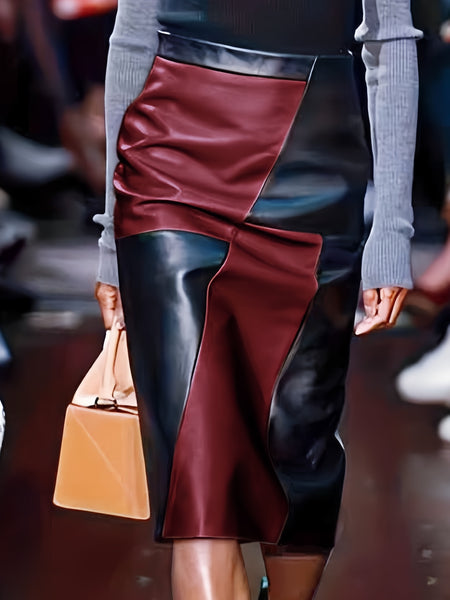 CHIDU Women'S Skirt for Autumn And Winter, High-Waisted PU Mid-Length Skirt with Color Block Design, Elegant Dress with Zipper, Fashionable Irregular Style, Perfect for Family Events And Stylish Commuting