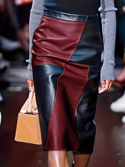 CHIDU Women'S Skirt for Autumn And Winter, High-Waisted PU Mid-Length Skirt with Color Block Design, Elegant Dress with Zipper, Fashionable Irregular Style, Perfect for Family Events And Stylish Commuting