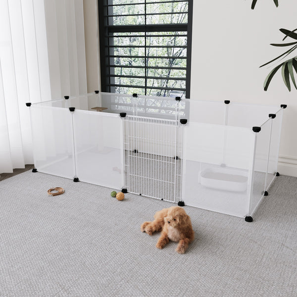 Transparent Plastic Dog Fence with Door Frame, 12-Panel Clear Plastic Dog Playpen with Door Frame, Modular Pet Fence System, Small/Medium Dog Pen with Convenient Access Gate for Indoor Use, Ideal for Home Indoor Use Like Living Room, Bedroom, 149x70x45cm