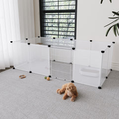 Transparent Plastic Dog Fence with Door Frame, 12-Panel Clear Plastic Dog Playpen with Door Frame, Modular Pet Fence System, Small/Medium Dog Pen with Convenient Access Gate for Indoor Use, Ideal for Home Indoor Use Like Living Room, Bedroom, 149x70x45cm