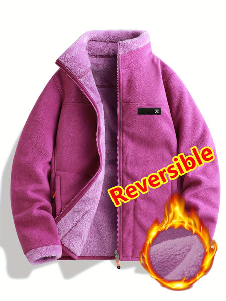 Women's Spring Casual Jacket, Thickened Shaggy Warm Printed Reversible Coral Sweatshirt, Double-Sided Outerwear