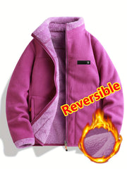 Women's Spring Casual Jacket, Thickened Shaggy Warm Printed Reversible Coral Sweatshirt, Double-Sided Outerwear