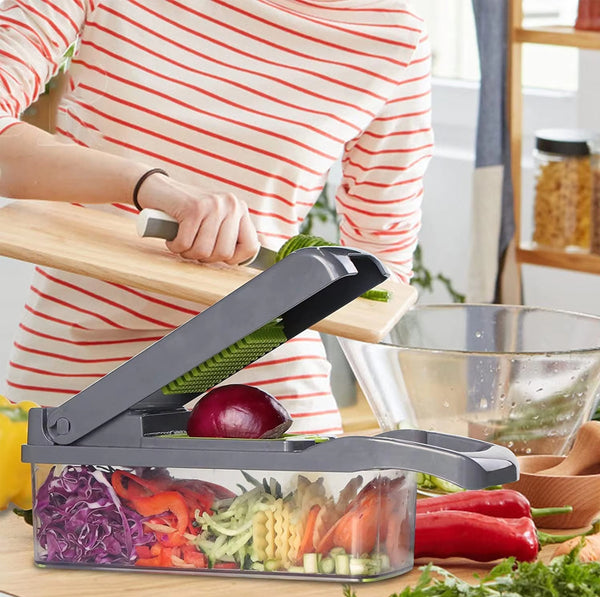 14-in-1 Multi-Function Vegetable Chopper and Slicer, Food Processor with Interchangeable Blades, Onion Tomato Cucumber Carrot Cutter, Vegetable Dicer and Shredder, Durable Kitchen Tool, Gray