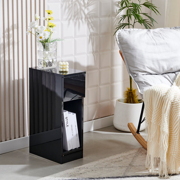Slim Bedside Table, High Gloss Narrow Nightstand, Small Bedside Cabinet with Storage Space Saving for Bedroom Storage Unit, Living Room Small Sofa Side End Table