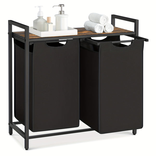 Dirty Laundry Basket, 2 Compartments, Bin, with 2 Removable Oxford Cloth Bags, Metal Frame, 2 X 46 Litres, 73 X 33 X 72cm, Laundry Baskets