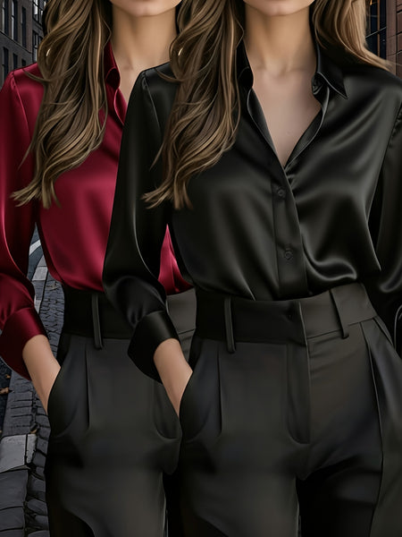 Ladies' 2pcs Top Set: High-end Solid Color Long-sleeve Shirt with Lapel, Simple and Fashionable Design, Light Luxury Commuting Top That Exudes Elegance and Professionalism. Suitable for Various Occasions Such as the Workplace, Dates, and Daily Wear