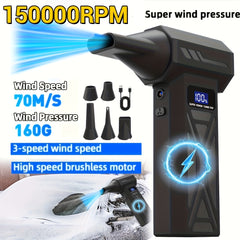 Compressed Air Dust Collector, 150000 RPM Turbo Fan Jet Air Blower Portable High-Speed Air Blower, 5000Mah Rechargeable Battery, Brushless Motor Violent Fan, Handheld Outdoor Hair Dryer, Snow Blower, Suitable for Computer Keyboard, Car, Home