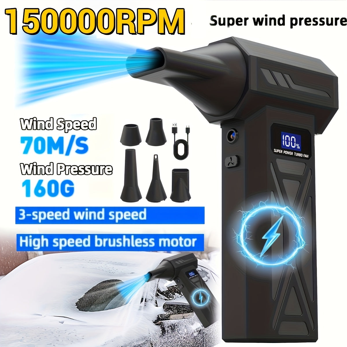 Compressed Air Dust Collector, 150000 RPM Turbo Fan Jet Air Blower Portable High-Speed Air Blower, 5000Mah Rechargeable Battery, Brushless Motor Violent Fan, Handheld Outdoor Hair Dryer, Snow Blower, Suitable for Computer Keyboard, Car, Home
