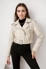 Women'S PU Motorcycle Jacket with Full-Zip Front Closure, Asymmetrical Zipper & Belted Waist - All-Season Casual Biker Jacket, Regular Fit Long Sleeve, Full-Length Zipper & Buckle Closure, White/Black Color Options for Everyday & Motorcycle Riding - Durab