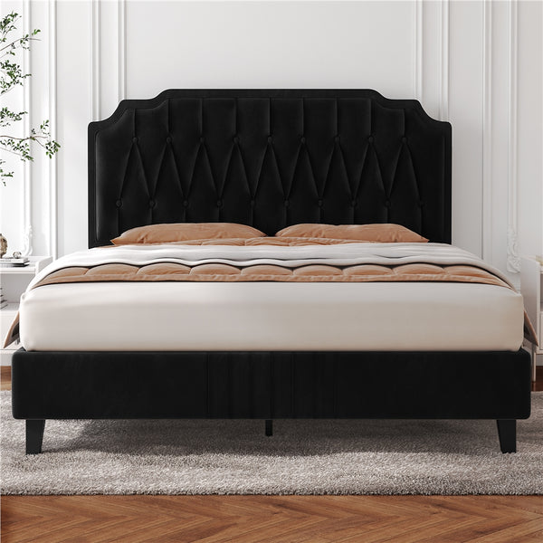Costoffs Double/King Bed Frame Upholstered Platform Bed with Adjustable Button Tufted Headboard/Velvet Fabric/Mattress Foundation/Sturdy Wooden Slat Support, No Box Spring Needed, Black/Beige/Dark Grey/Light Grey