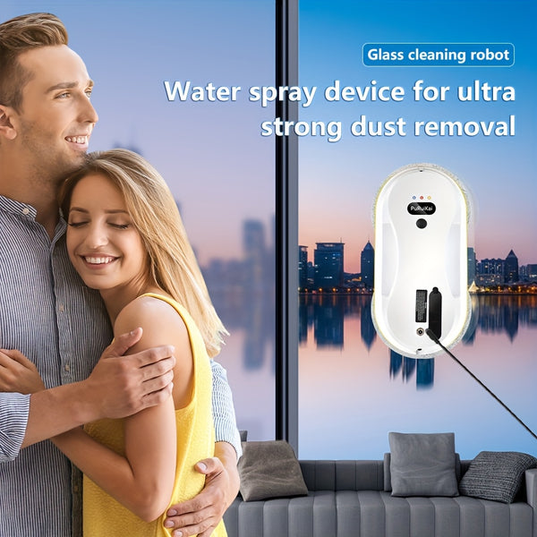 PuRuiKai09 2026 Latest Window Cleaning Robot (Plug-in): Fully automatic remote control operation, with automatic water spraying function and 4.5-meter anti-fall safety rope, set includes 10 cleaning cloths and a water spray bottle (local warehouse