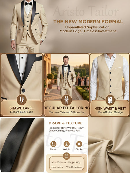 Men'S Suit Set, 3pcs Blazer, Vest And Trousers, Groomsman Business, Fashionable Elegant, Premium Men, Suitable for Wedding, Business, Party (With Pocket Square)